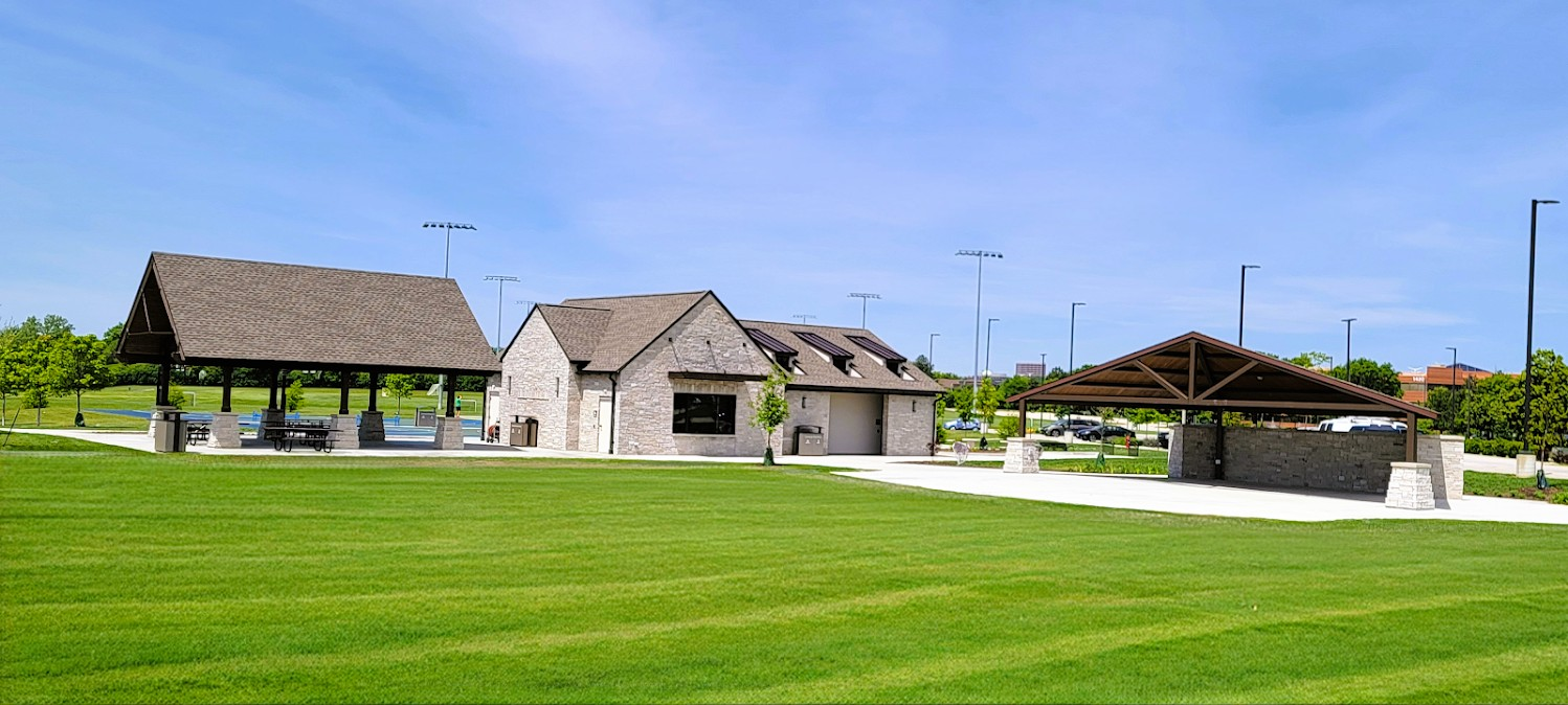 Park shelters beside the Oak Brook Central Park fields