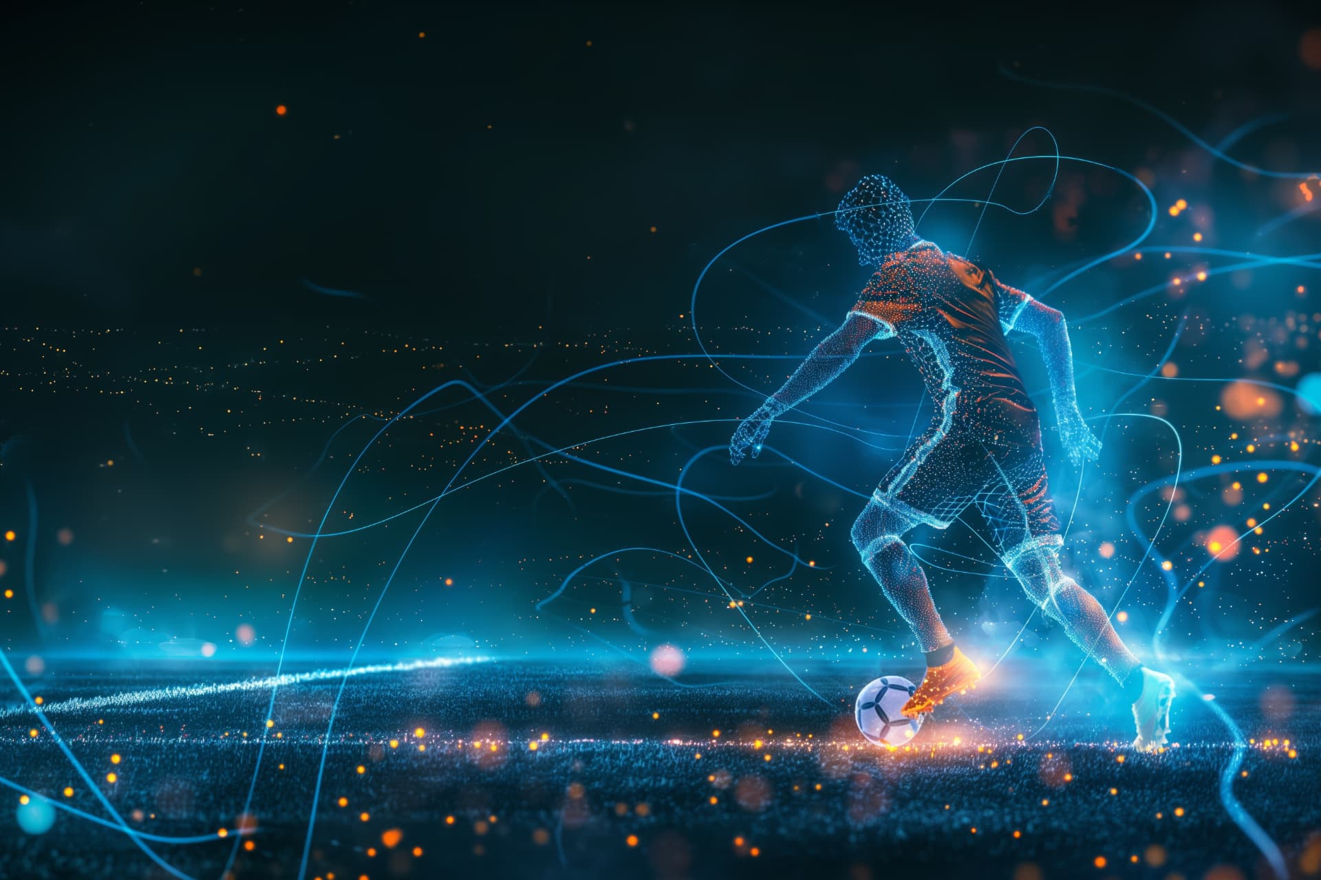Soccer player in motion, drawn in glowing blue light