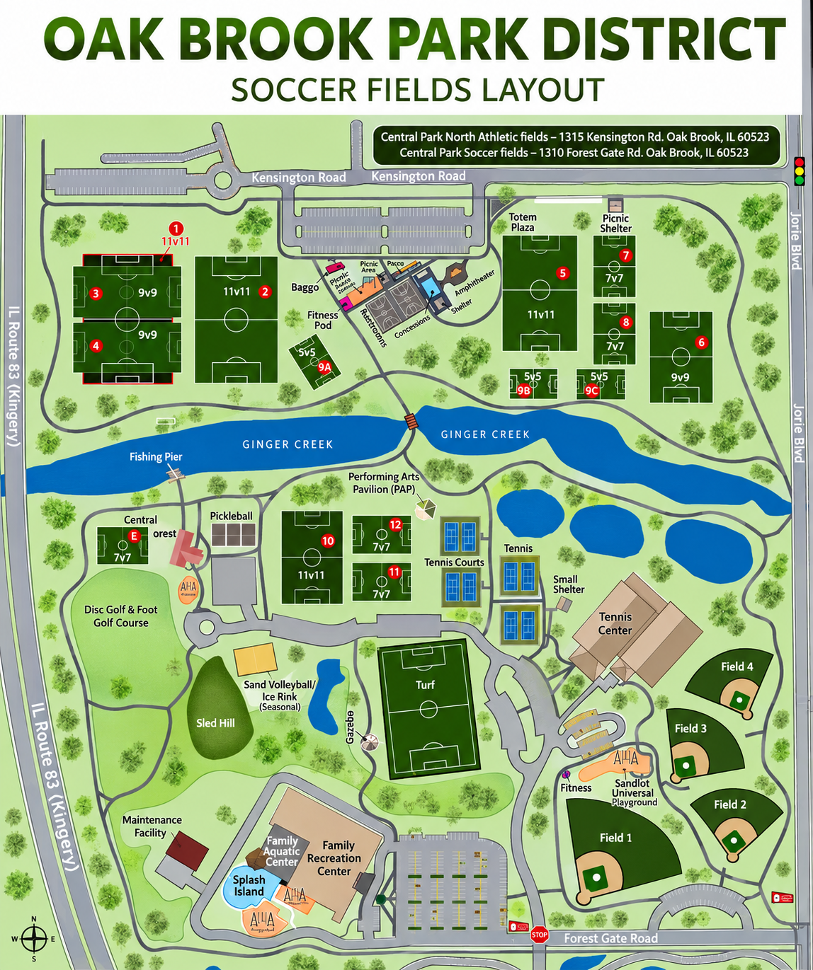 Oak Brook Park District soccer fields layout with numbered fields, parking and entrances