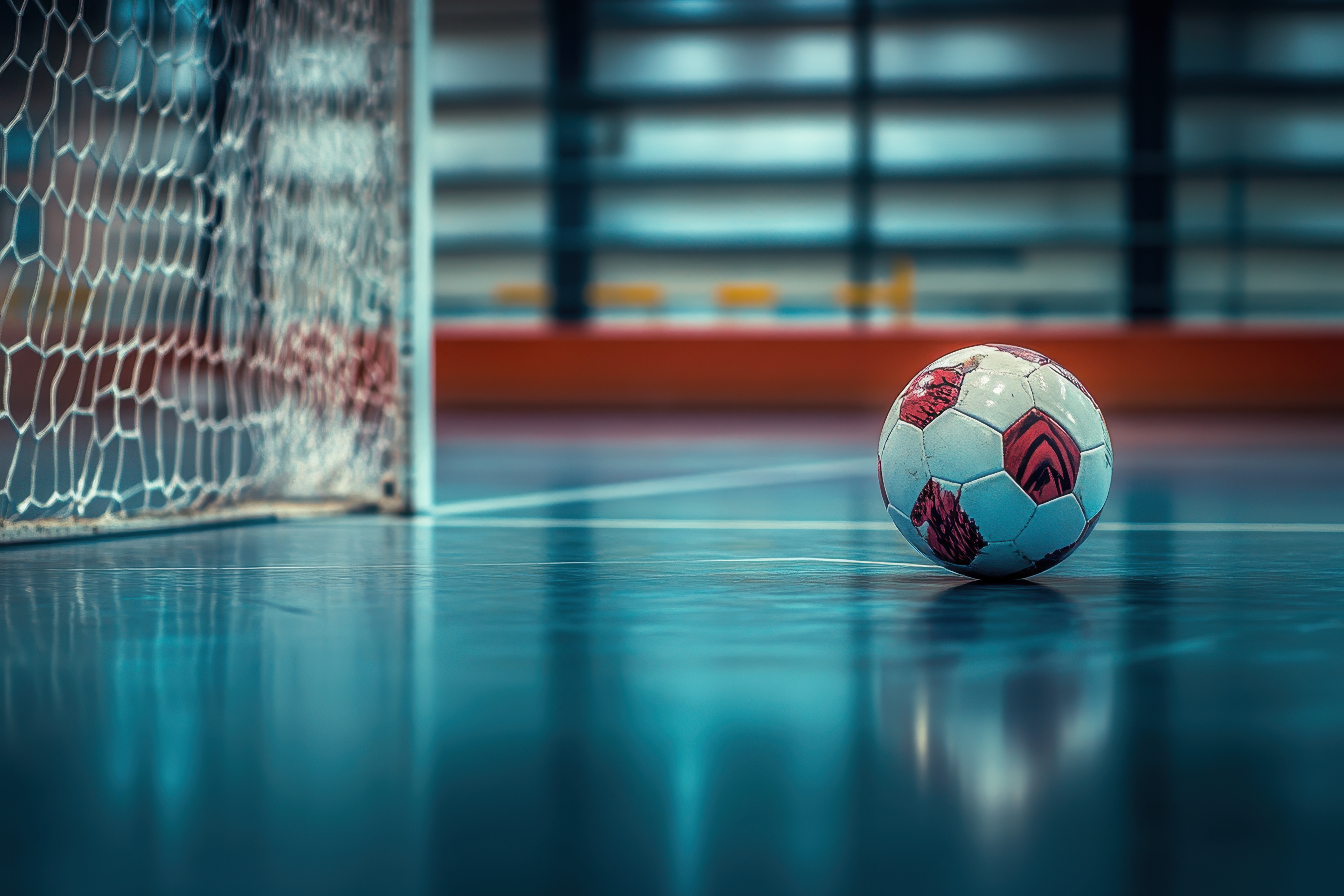 Futsal ball positioned beside an indoor goal